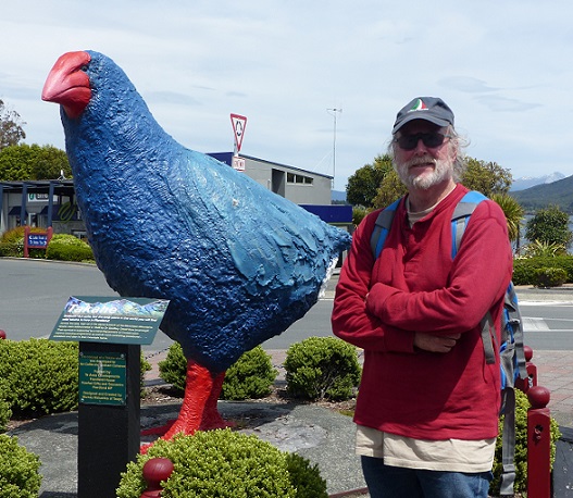 Randall with a super-sized model of a rare takahe bird in Te Anau, Nov 2015 